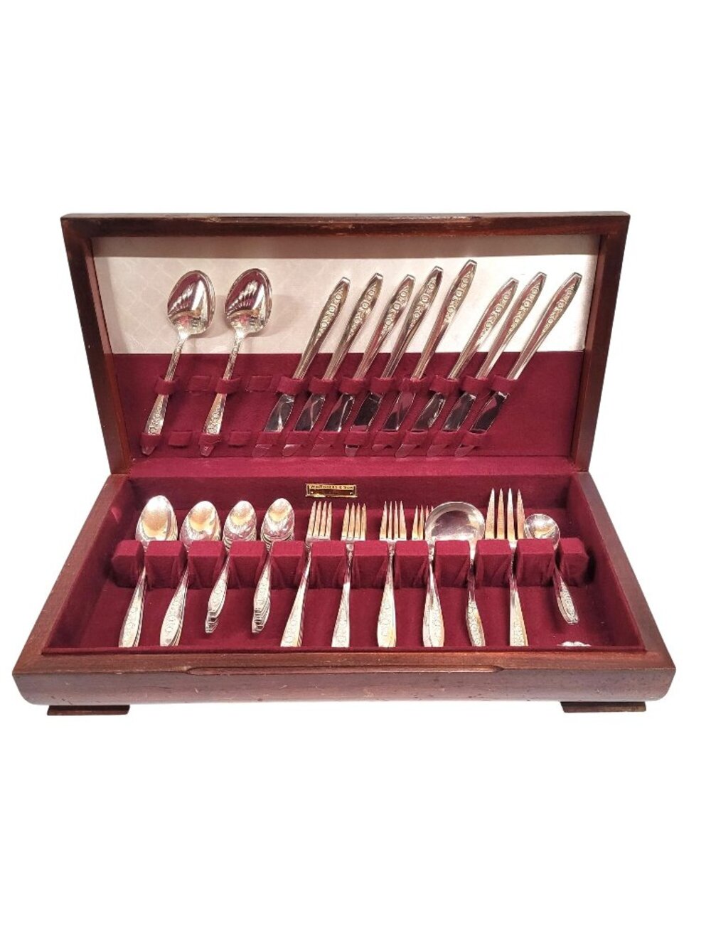 Wm Rogers Son Primrose 53 Pc IS Flatware SilverPlate 1950s In Wooden Chest
